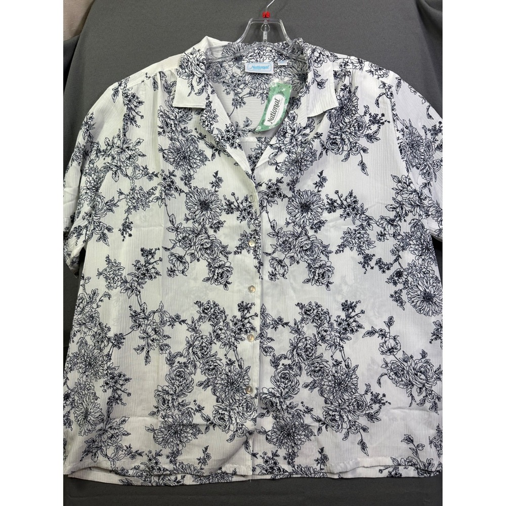 National‎ Women's 3X Floral Button Down Shirt White Black Short Sleeve New